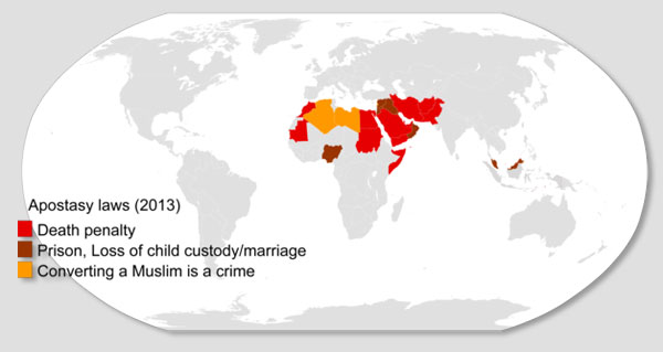 25 Islamic countries have anti-apostasy laws which criminalize abandoning Islam, and many more countries also have anti-blasphemy laws which criminalize speech or actions which are insulting to their religion.