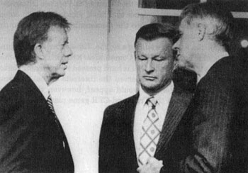 Jimmy Carter tapped follow Trilateralists Zbigniew Brzezinski (center) and Cyrus Vance (right) for National Security Advisor and Secretary of State, despite assurances from Hamilton Jordan that it would never happen