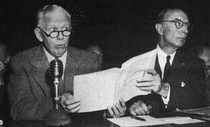 George Marshall and Robert Lovett testify before Congress about the need for the Marshall Plan.